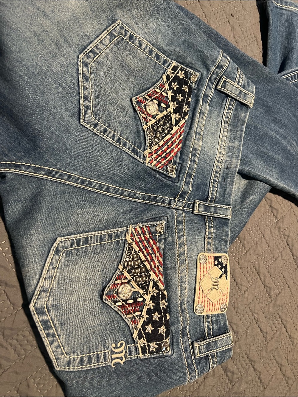 Miss Me Blue Bootcut Jeans with Patriotic Embellished Pockets
